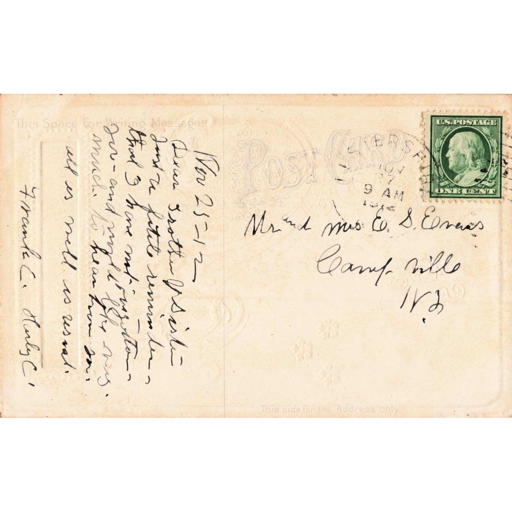 1912 Thanksgiving Day Postcard Embossed 1 Cent Franklin Stamp NJ Postmark - Picture 2 of 2